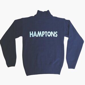 THOUGHTFUL Navy "HAMPTONS" Graphic Mock Neck Knit Sz S Sweater Coastal Preppy